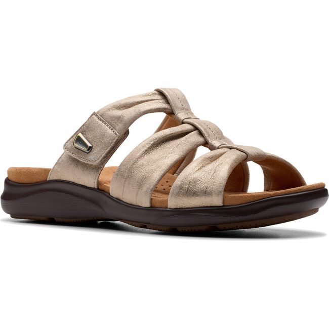 Front angled view of Women&#39;s Clarks Kitly Slide Sandal in Metallic Leather with velcro adjustability