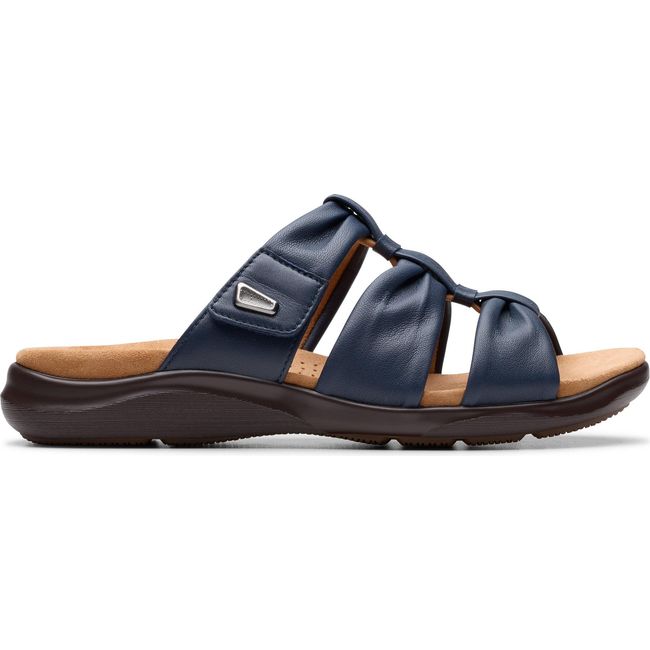 Lateral side of Women's Clarks Kitly Slide Sandal in Navy Leather with velcro adjustability