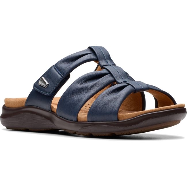 Front angled view of Women's Clarks Kitly Slide Sandal in Navy Leather with velcro adjustability