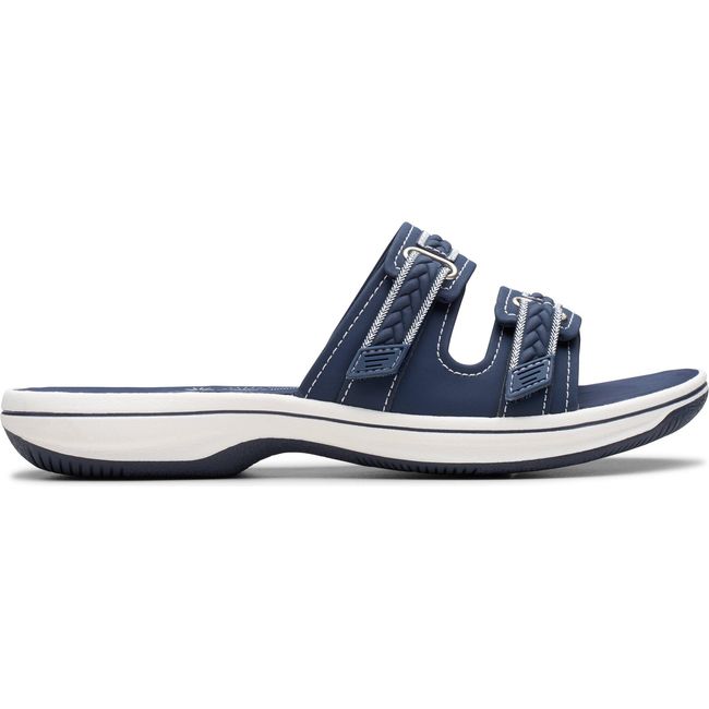 Lateral side of Women&#39;s Clarks Breezey Eve Sandal in Navy with Cloudstepper footbed and velcro strap
