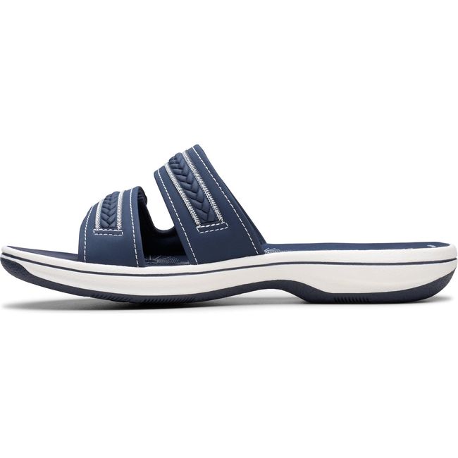 Medial side of Women&#39;s Clarks Breezey Eve Sandal in Navy with Cloudstepper footbed and velcro straps