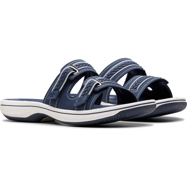 Pair of Women&#39;s Clarks Breezey Eve Sandals in Navy with Cloudstepper footbed and velcro straps