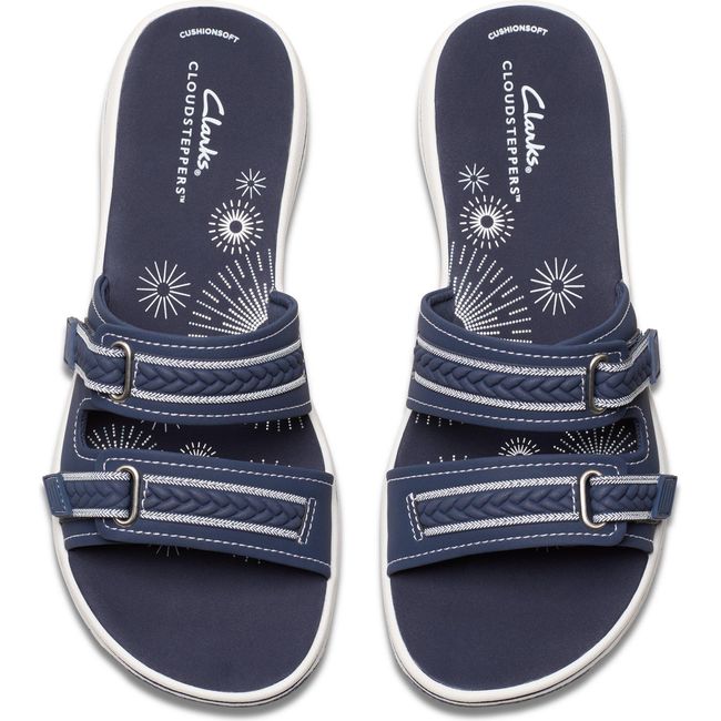 Top down view of Women&#39;s Clarks Breezey Eve Sandal in Navy with Cloudstepper footbed and velcro