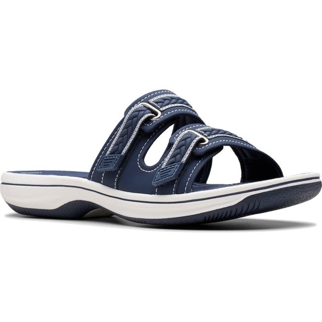 Front angled view of Women's Clarks Breezey Eve Sandal in Navy with Cloudstepper footbed and velcro