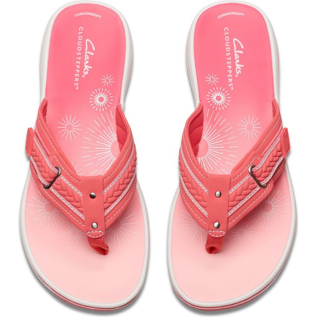 Top down view of Women&#39;s Clarks Breezy Sun Flip Flop Sandals in Bright Coral Pink with velcro straps