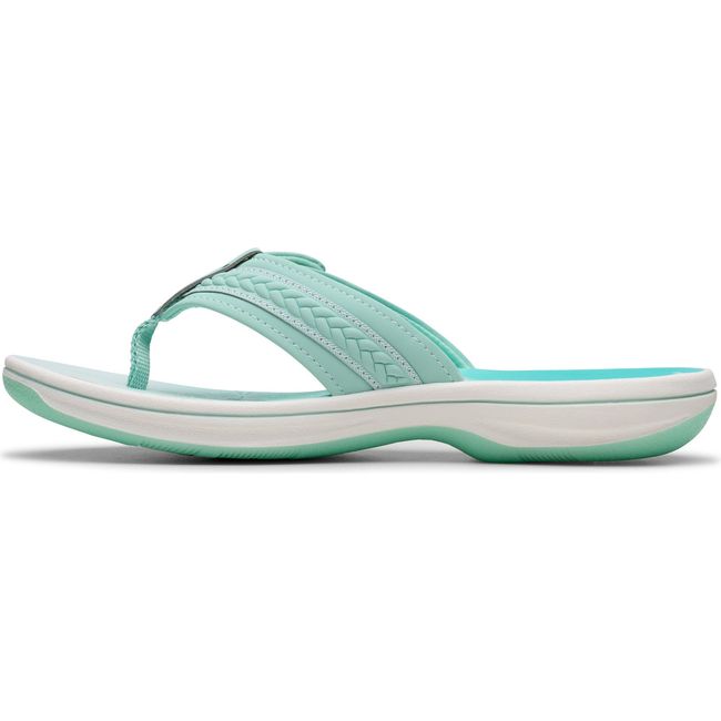 Medial side of Women&#39;s Clarks Breezy Sun Flip Flop Sandal in Mint Ombre Green with velcro strap