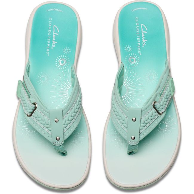 Top down view of Women&#39;s Clarks Breezy Sun Flip Flop Sandal in Mint Ombre Green with velcro strap