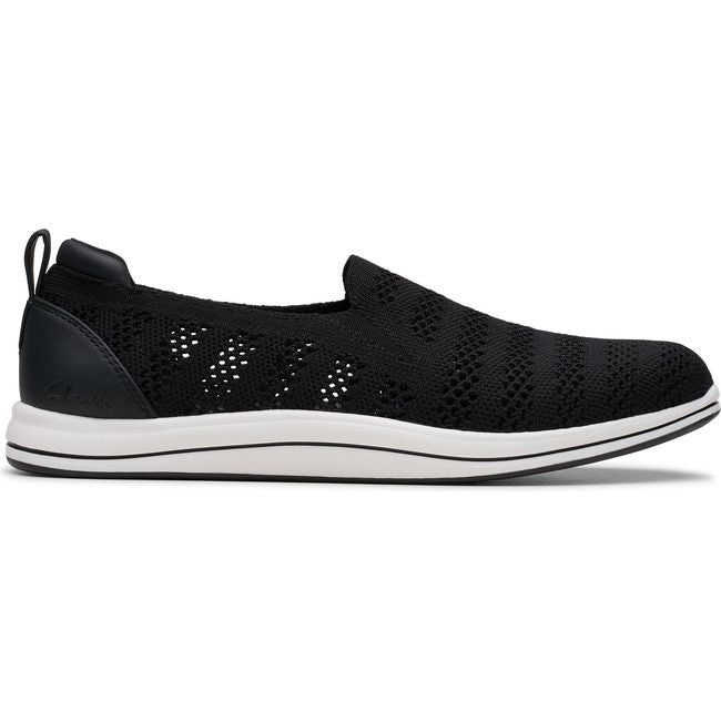 Lateral side of Women's Clarks Breezey Izzy Slip On Sneaker in Black knit mesh