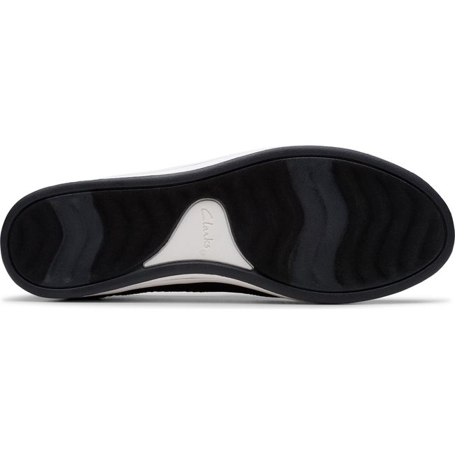 Sole of Women&#39;s Clarks Breezey Izzy Slip On Sneaker in Black knit mesh upper with Black tread