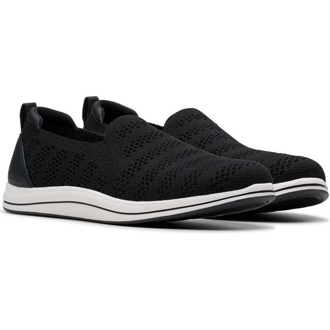 Pair of Women&#39;s Clarks Breezey Izzy Slip On Sneakers in Black knit mesh with white sole