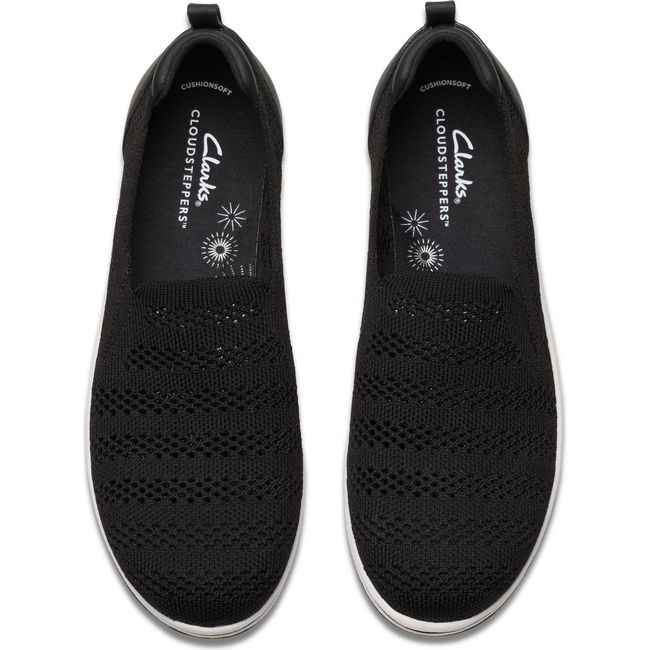 Top down view of Women&#39;s Clarks Breezey Izzy Slip On Sneaker in Black knit mesh