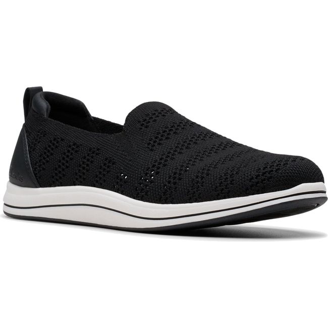 Front angled view of Women&#39;s Clarks Breezey Izzy Slip On Sneaker in Black knit mesh