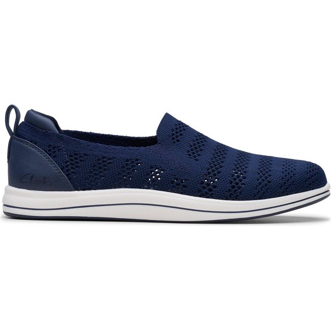 Lateral side of Women&#39;s Clarks Breezey Izzy Slip On Sneaker in Navy knit mesh