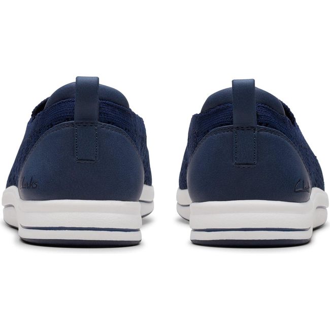 Heels of Women&#39;s Clarks Breezey Izzy Slip On Sneakers in Navy knit mesh