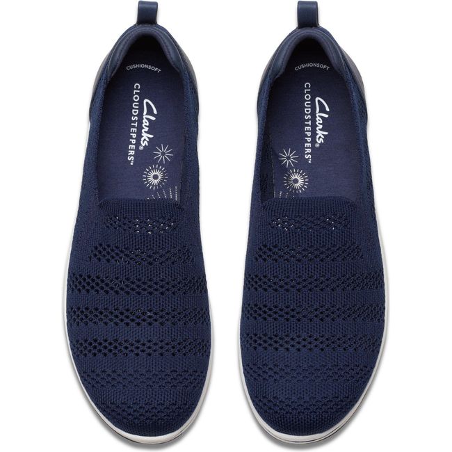 Top down view of Women&#39;s Clarks Breezey Izzy Slip On Sneaker in Navy knit mesh