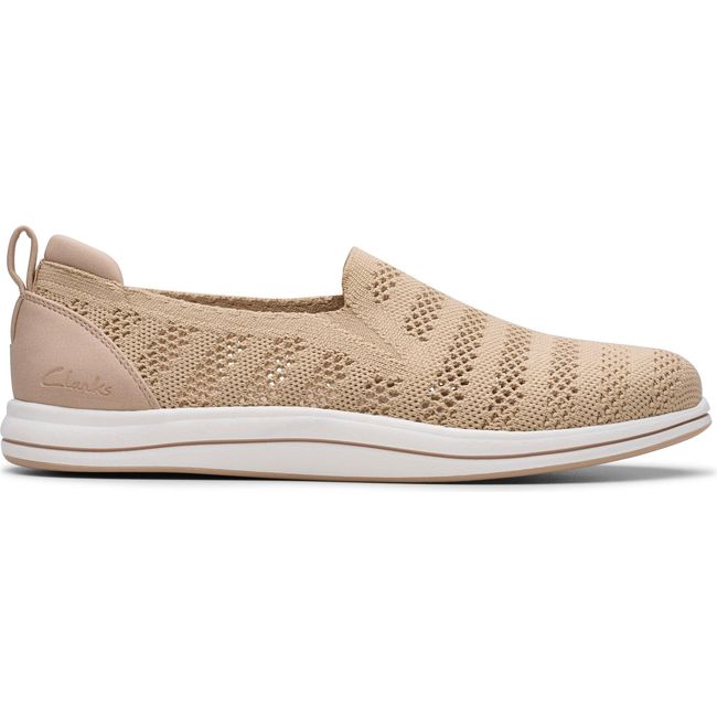 Lateral side of Women&#39;s Clarks Breezey Izzy Slip On Sneaker in Sand knit mesh