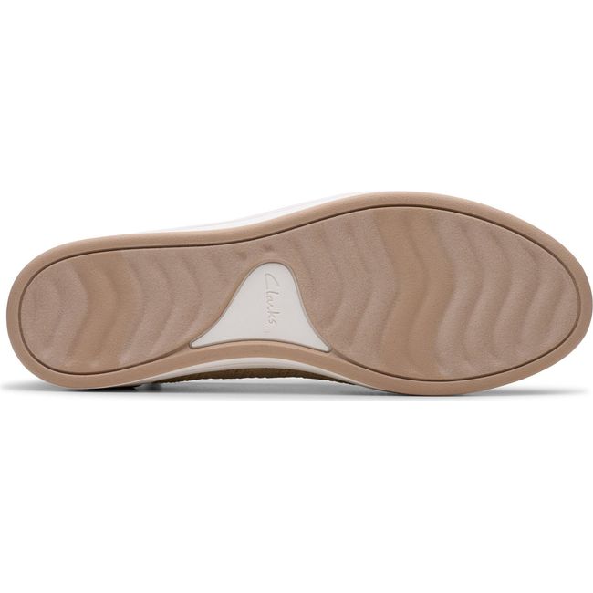 Sole of Women&#39;s Clarks Breezey Izzy Slip On Sneaker in Sand knit mesh upper with beige sole