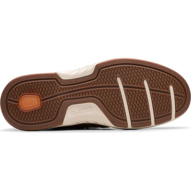 Sole of Men&#39;s Clarks Un Briley Step Slip On Shoes in Light Grey Leather upper with tan tread