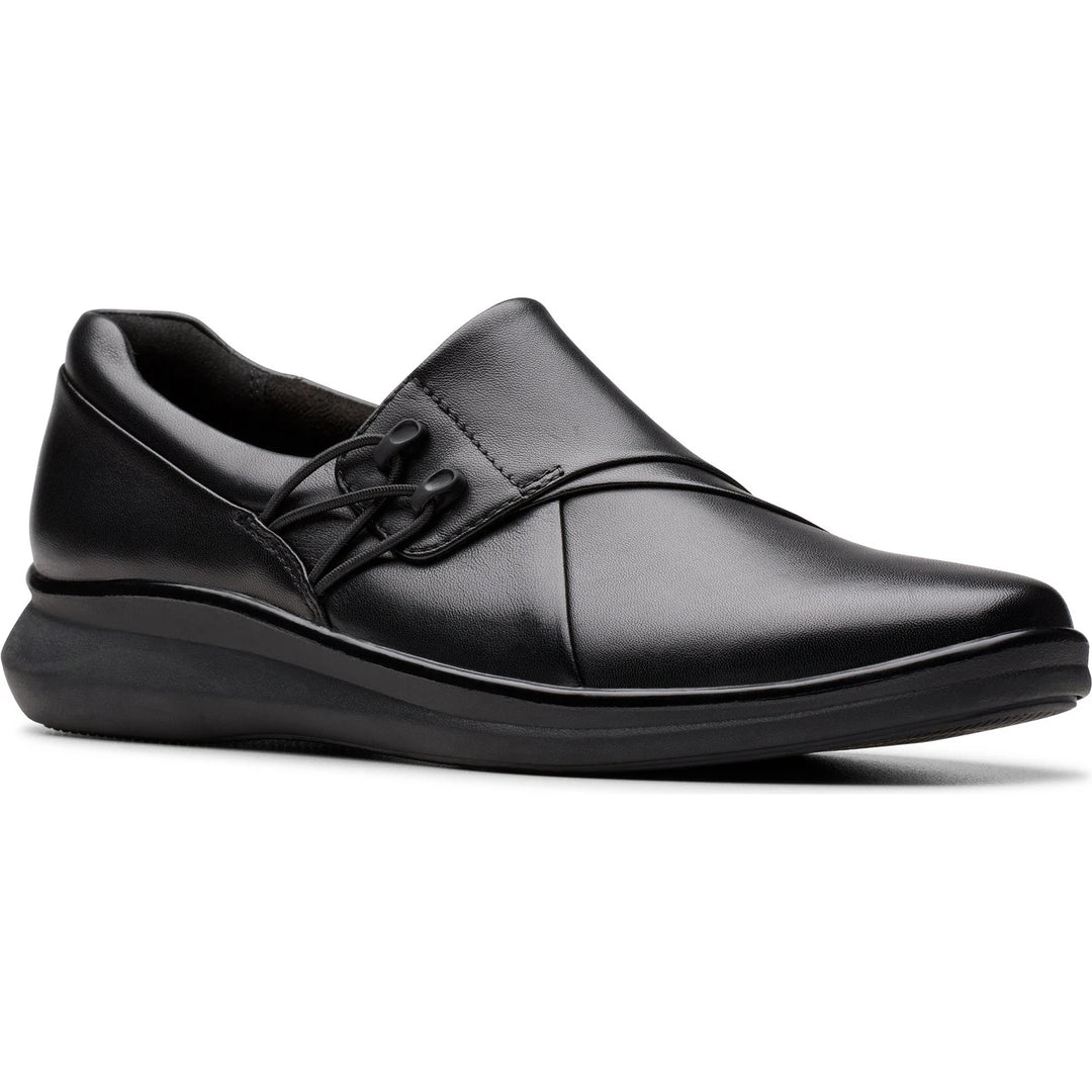 Front angled view of Women's Clarks Lynell Slip Loafer in Black Leather
