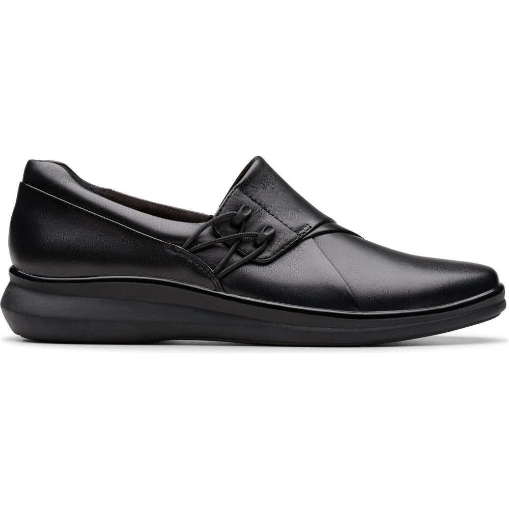 Lateral side of Women's Clarks Lynell Slip Loafer in Black Leather