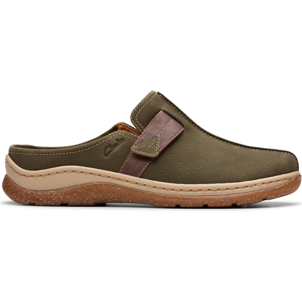 Lateral side of Women's Clarks Orlene Clog in Olive Combination Nubuck
