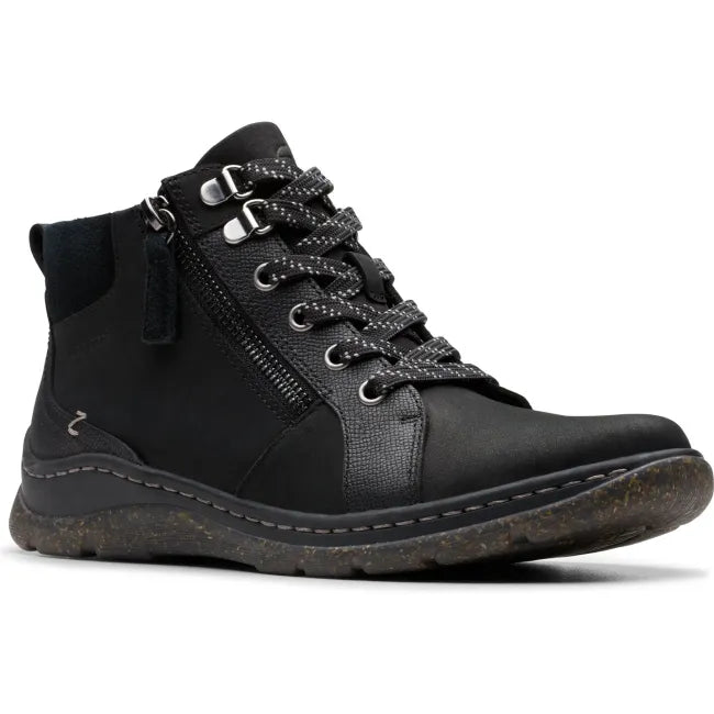 Front angled view of Women's Clarks Orlene Top Waterproof Boot in Black Nubuck