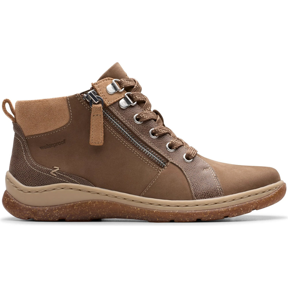 Lateral side of Women's Clarks Orlene Top Waterproof Boot in Dark Sand Nubuck