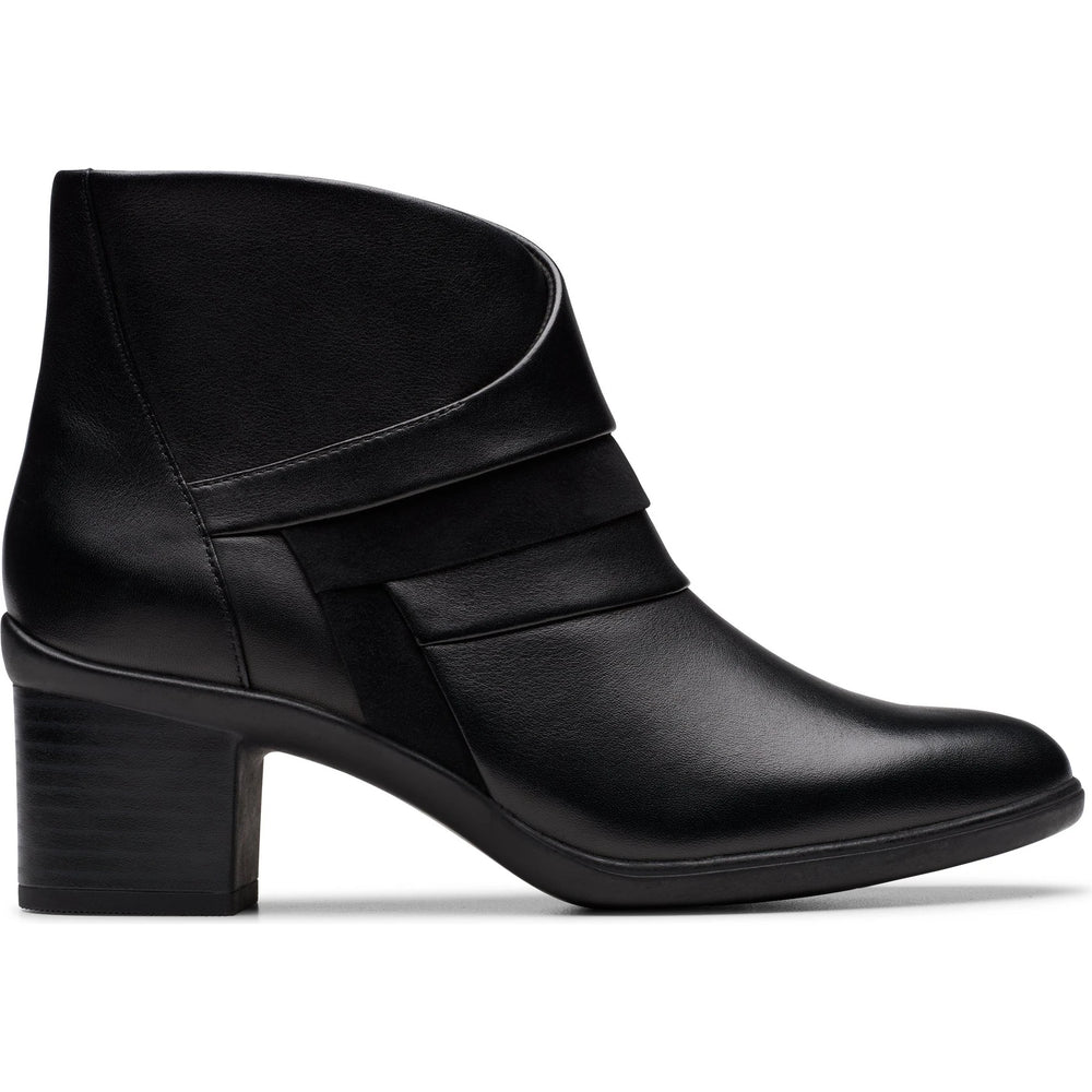 Lateral side of Women's Clarks Shaya Sky Ankle Boot in Black Leather