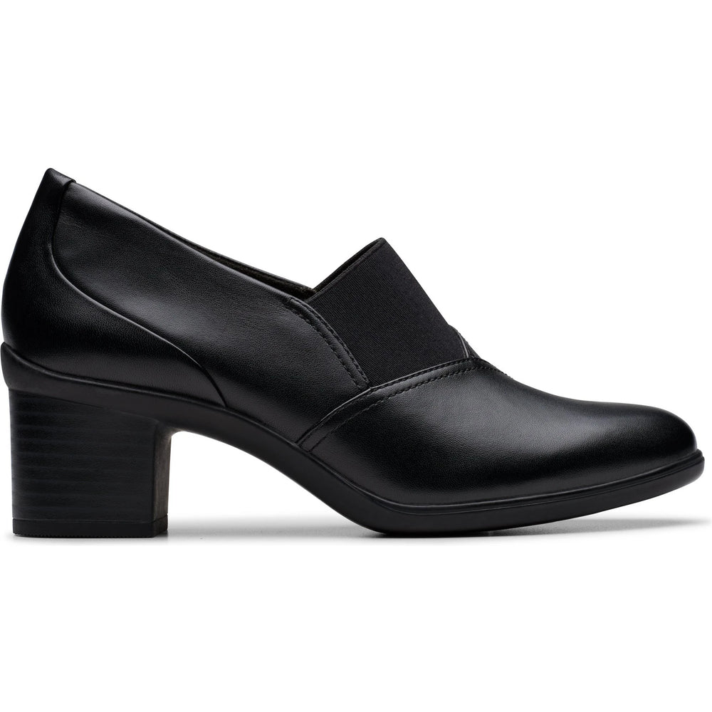Lateral side of Women's Clarks Shaya Tess Heel in Black Leather