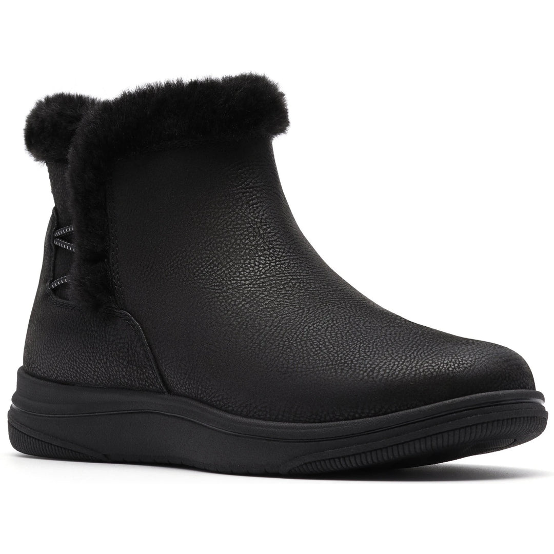 Front angled view of Women's Clarks Breeze Fur Bootie in Black Combination