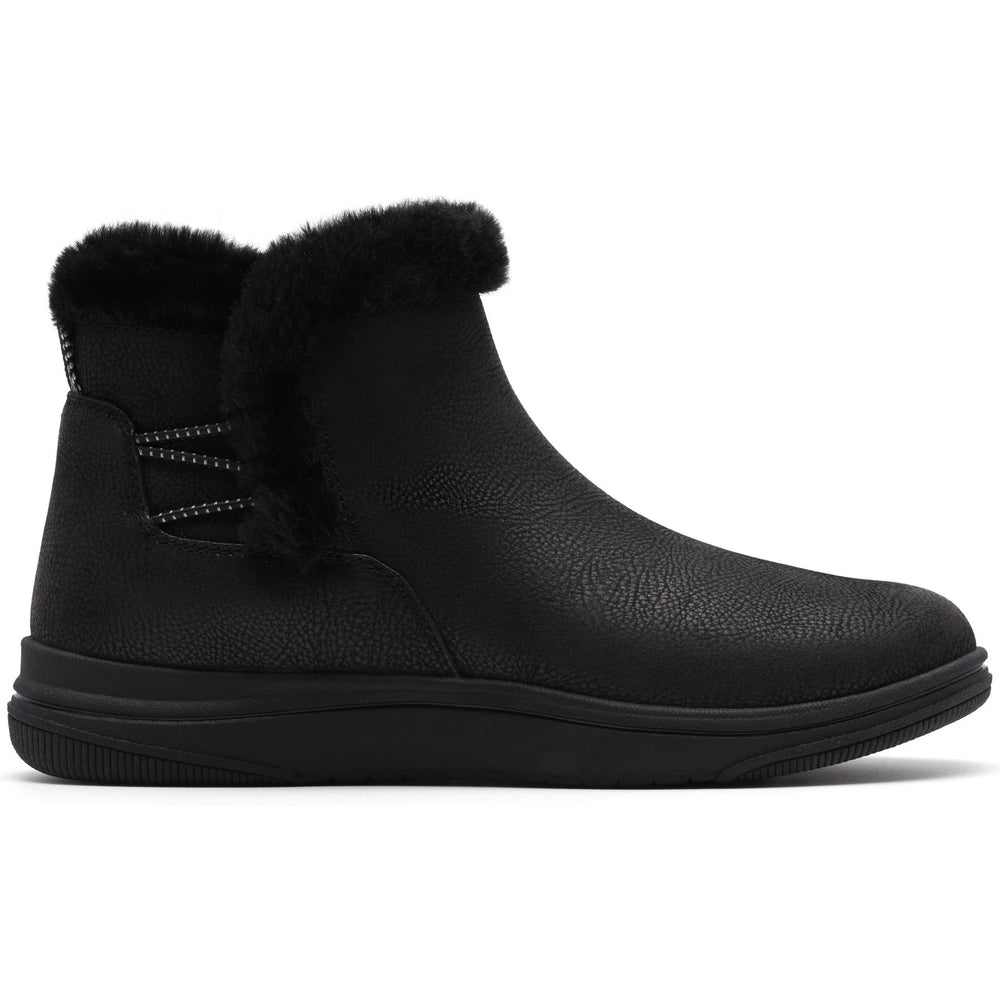 Lateral side of Women's Clarks Breeze Fur Bootie in Black Combination