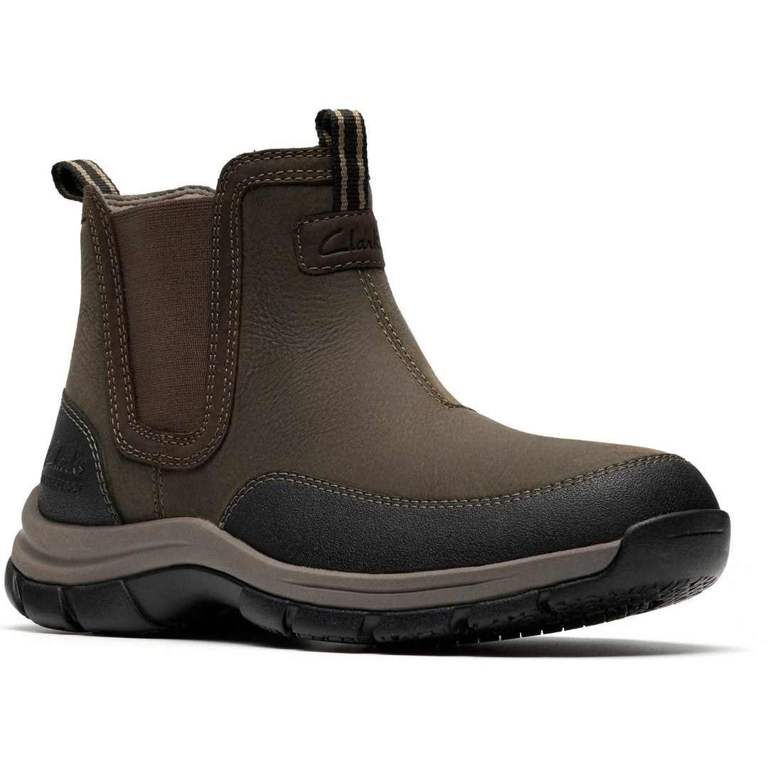 Front angled view of Men's Clarks Walpath Easy Waterproof Boot in Taupe