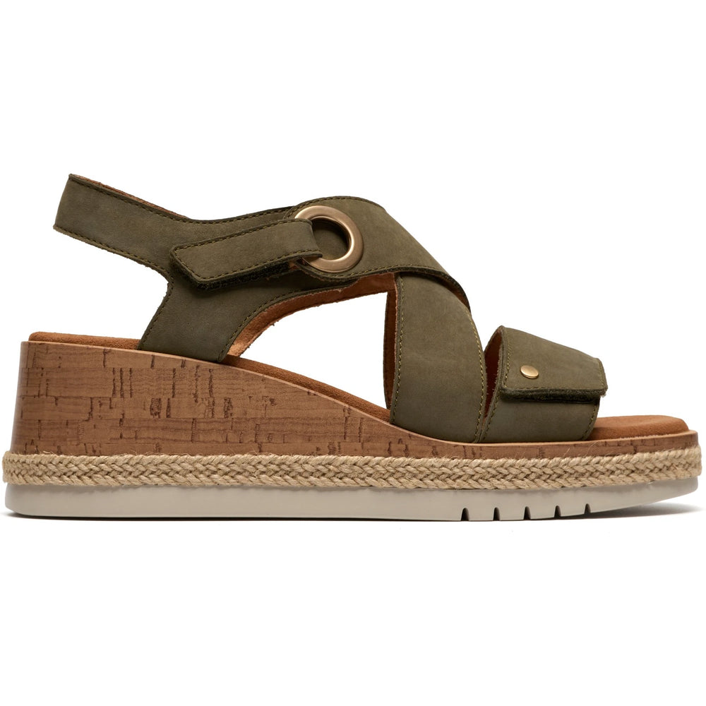 Lateral side of Women's Clarks Kidiki Sun Sandal in Dark Olive Nubuck