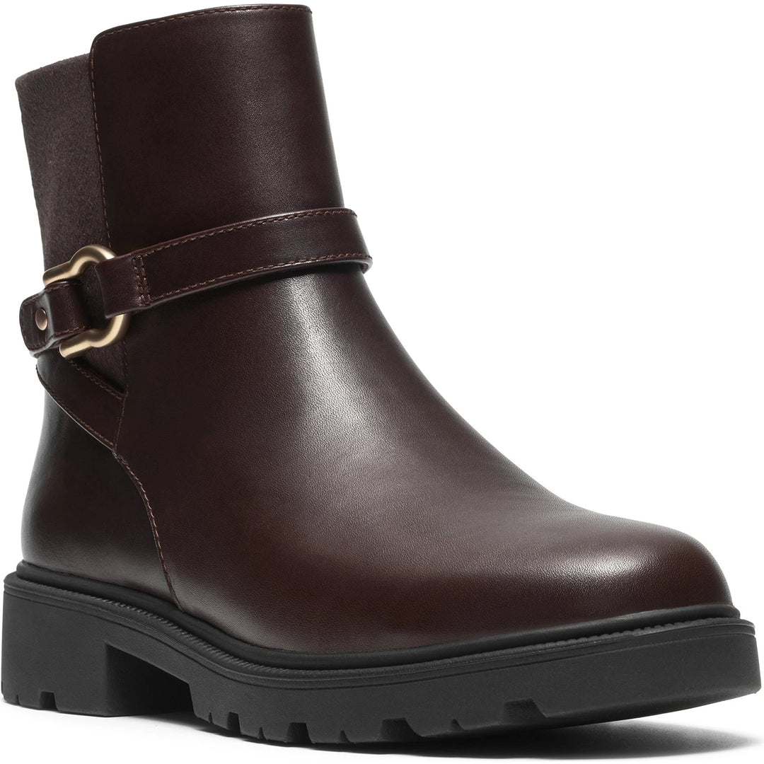 Front angled view of Women's Clarks Code Bay Boot in Dark Brown Leather
