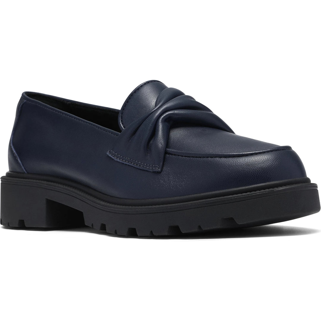 Front angled view of Women's Clarks Code Edge Loafer in Navy Leather