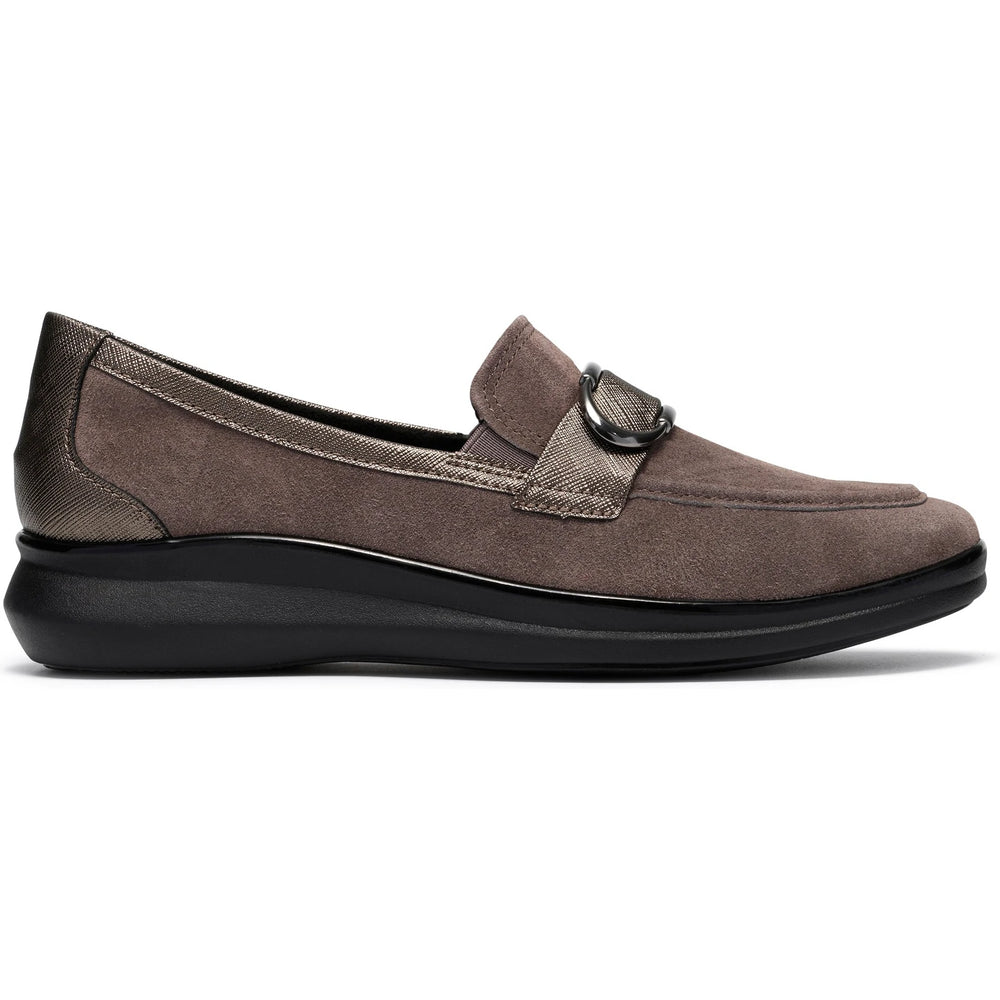Lateral side of Women's Clarks Lynell Bay Loafer in Taupe Suede