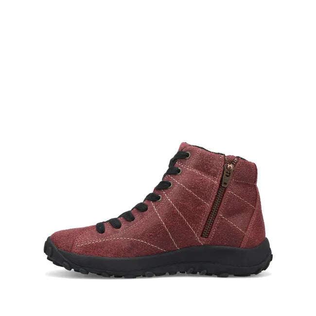 Medial side of Women's Taos High Top Trail Mix Sneaker in wine red ruff leather and black laces