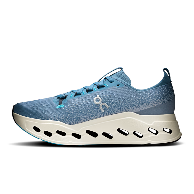 Medial side of On Running Men's Cloudsurfer Max Running Shoe in Ivory Blue