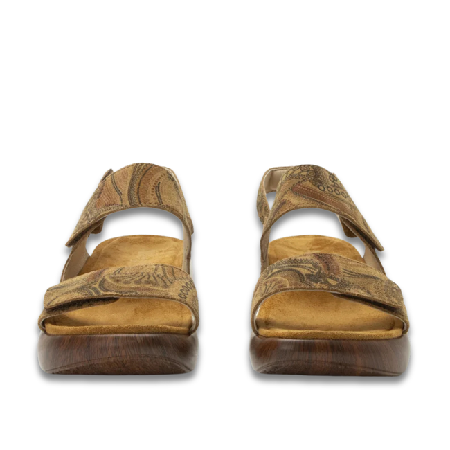 Front of Alegria Women's Bailee Sandals in Folkie Brown with adjustable velcro straps