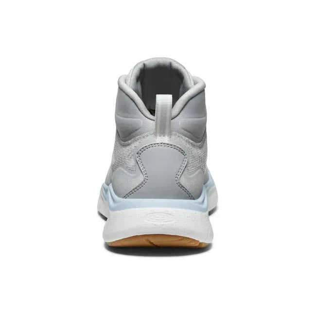 Heel of KEEN Women's Leiki Waterproof Hiking Boot in Vapor Skyway gray