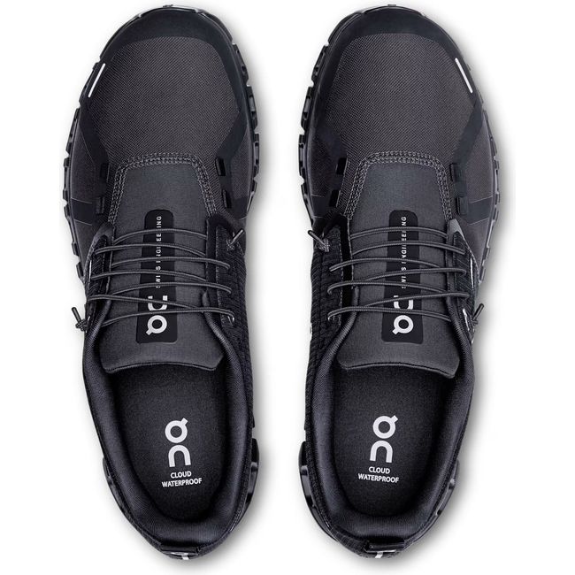 Top down view of Men's On Running Cloud 6 Waterproof Running Shoe in all black with slip on lacing