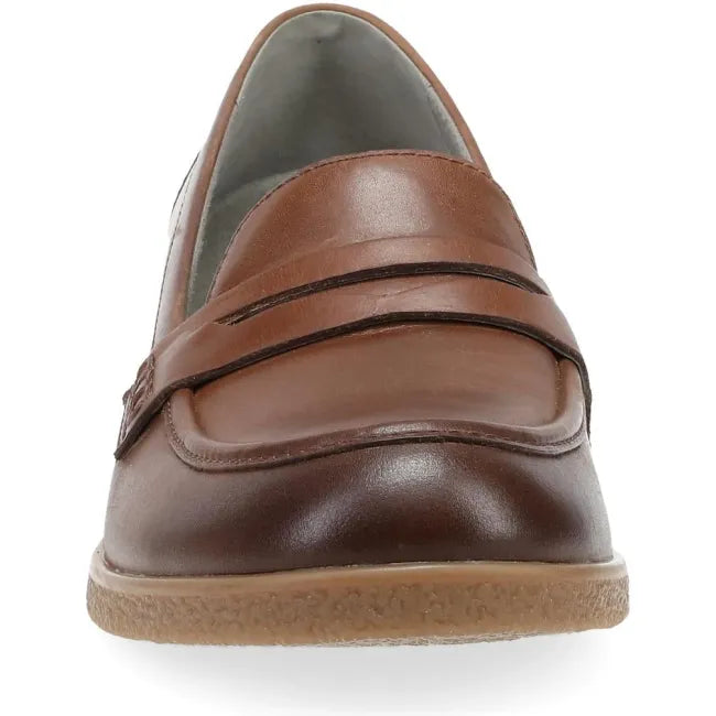 Dansko Danica loafer in tan waterproof burnished leather, front view
