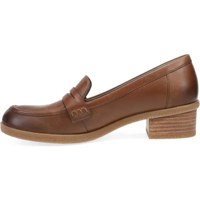 Dansko Danica loafer in tan waterproof burnished leather, side profile showing stacked heel