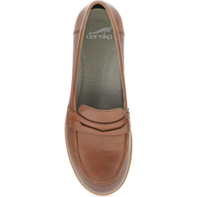 Dansko Danica loafer in tan waterproof burnished leather, top view