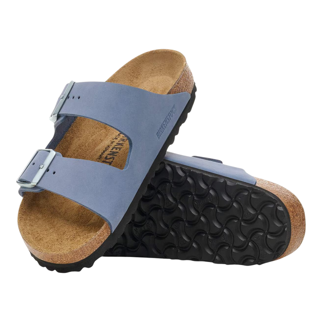 Top and Sole of Birkenstock Women's Arizona Nubuck Sandal in Stone Blue