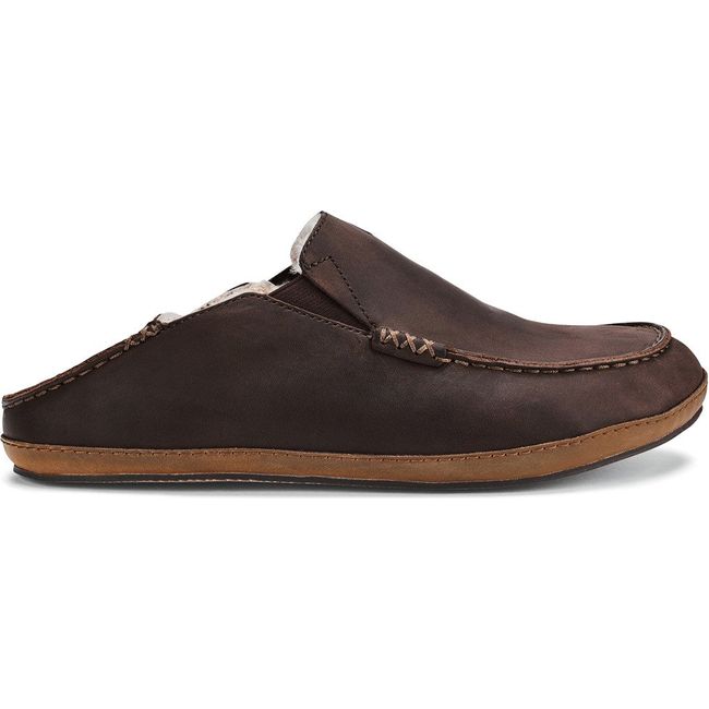 Lateral side of the Dark Wood leather Men's Olukai Moloa Slipper with Drop in Heel down