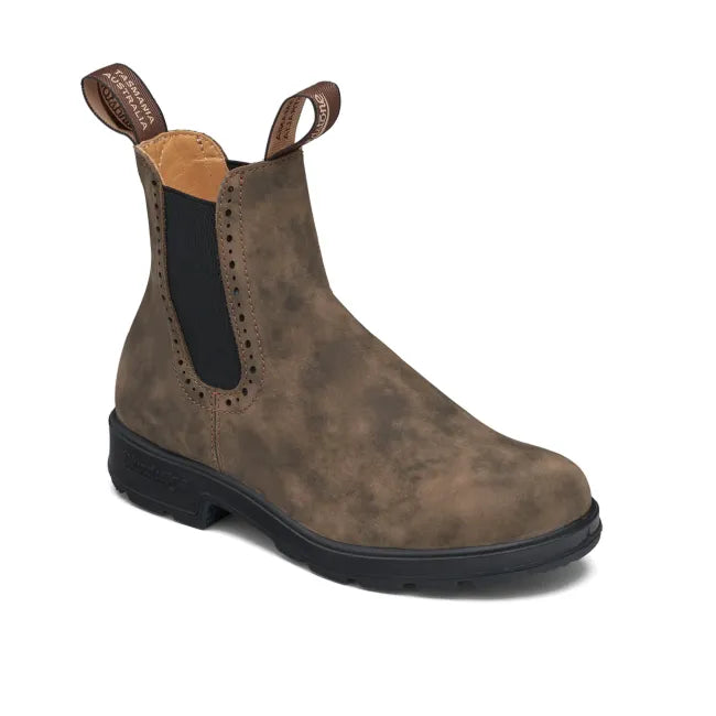 Front angled of Blundstone Originals 1351 Women&#39;s High Top Chelsea Boot in rustic brown leather