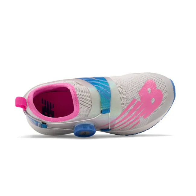 Upper of New Balance Kids' FuelCore Reveal BOA Running Shoe in light aluminum, pink, and blue
