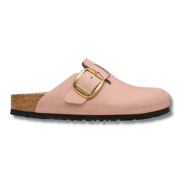 Lateral side of Birkenstock Women's Boston Big Buckle Clog in Soft Pink