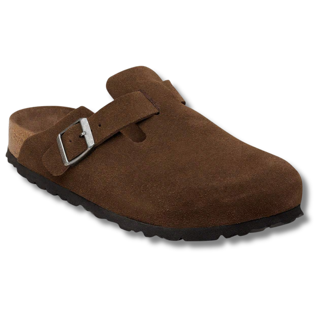 Angled side of Birkenstock Unisex Boston Soft Footbed Suede Clog in Carafe